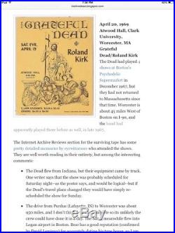 Desirable GRATEFUL DEAD / Roland Kirk 1969 Original/ Rare Concert Poster