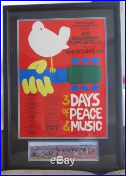 Framed Original 1969 Woodstock Poster & Unframed Ticket With Photos & Certificates