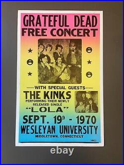 Vintage 9/19/1970 Grateful Dead Free Concert Poster Wesleyan University