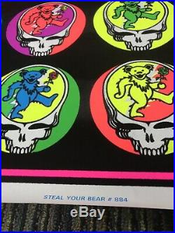 Vtg Blacklight Flocked Multi Color Steal Your Bear Grateful Dead 35x23 Poster